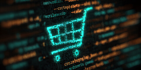 Teal shopping cart icon formed by glowing pixels on dark digital code background, symbolizing online shopping, e-commerce, and digital technology