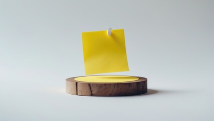 Creative workspace with a yellow sticky note attached to a wood grain slice using a red push pin on a white surface, emphasizing simplicity and design inspiration
