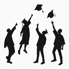 Silhouettes of graduates throwing graduation caps in the air on a white background in celebration