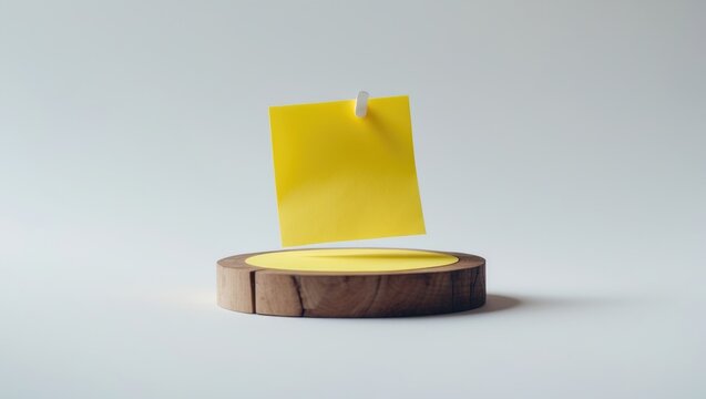 Creative workspace with a yellow sticky note attached to a wood grain slice using a red push pin on a white surface, emphasizing simplicity and design inspiration