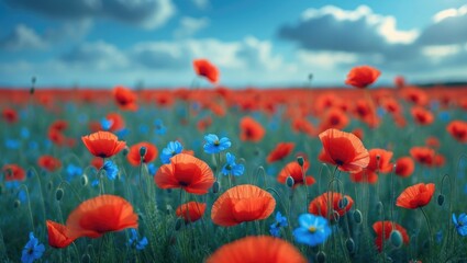 Obraz premium Breathtaking landscape of delicate red poppies and a dreamy sky, inspiring harmony and freedom in nature.