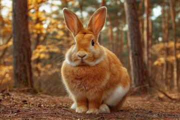 A ginger fat rabbit sitting, with a natural  forest autumn background,