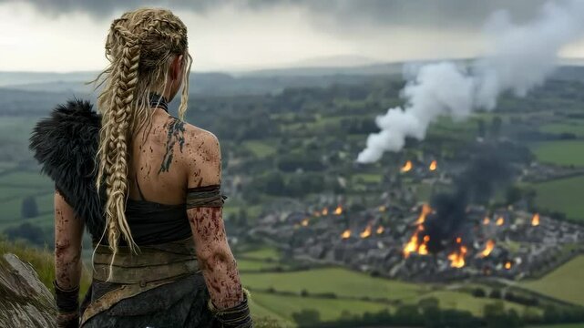 The intense eyes of a resilient Viking shieldmaiden: fearless glare, warrior spirit, strong will, Norse bravery, fierce focus, battle strength, valiant heart, powerful gaze, unwavering courage.