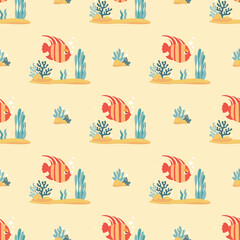 Sea Seamless Pattern with Cute tropical striped fish and Plant algae and Coral on Light yellow Background. Vector Illustration. Kids collection