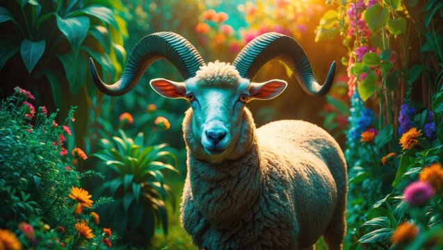 A charming portrait of a Racka sheep in a rural farm setting gazing at the camera