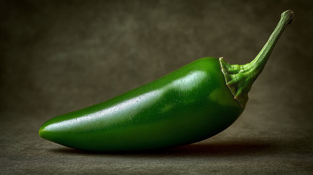 Close-up of green jalapeÃ±o pepper, showcasing its smooth skin and vibrant color, representing freshness, spice, and culinary arts.  Free space for text