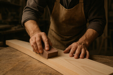 A man carving wood with focused concentration in a workshop surrounded by tools and shavings, showcasing craftsmanship and dedication to his craft.
