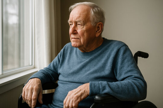 Elderly man in wheelchair gazing out window, contemplative expression.