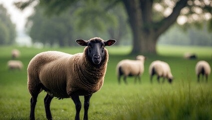 Obraz premium A sheep in a rural landscape with a tree in the background, showcasing domestic livestock and natural scenery.
