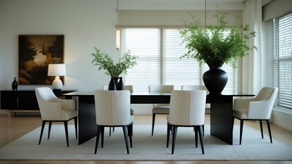 Contemporary interior design showcasing a chic dining area with soft colors, open space, and natural light