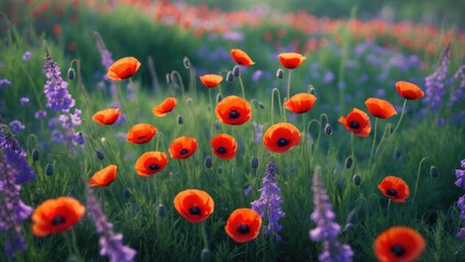 Obraz premium Beautiful landscape featuring red poppy flowers in a summer garden