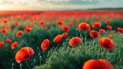 Obraz premium Golden-hour scene of wildflowers and red poppies in a peaceful countryside