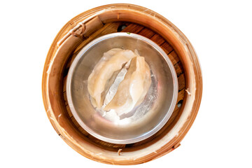 Top view of dimsum with gyoza and dipping sauce, focus selective