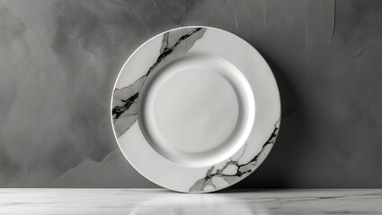 Empty marble dish on white ceramic plate with gray concrete surface, kitchen setting with space for menu and recipe display.