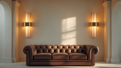 Vintage-style living room with textured beige walls and warm lighting from golden lamps