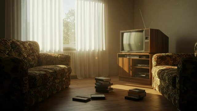 Retro living room interior with vintage television, floral sofa, and vhs tapes nostalgia