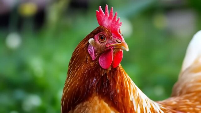 Red hen portrait with green background.