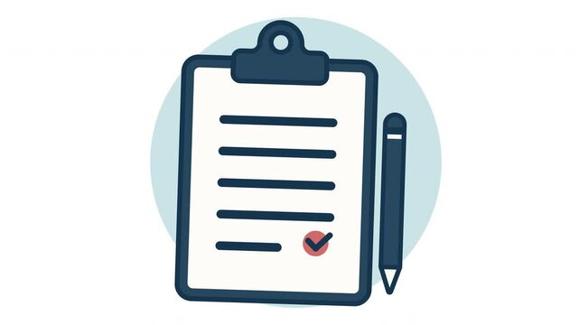 clipboard with document next to a pencil all against a light blue circle looping animation
