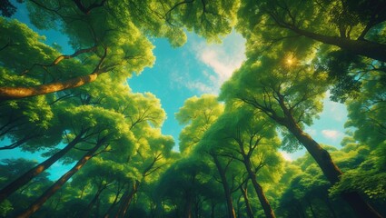 Fototapeta premium Bright Sunlight Filtering Through Tall Maple Trees in a Summer Landscape