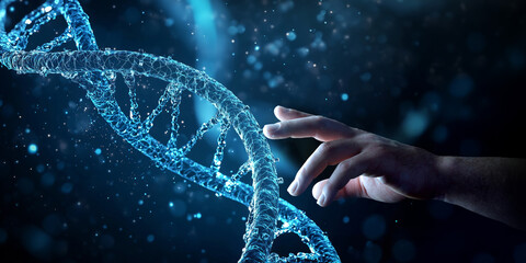 Scientist hand touching DNA digital hologram on dark blue background. Generative ai DNA