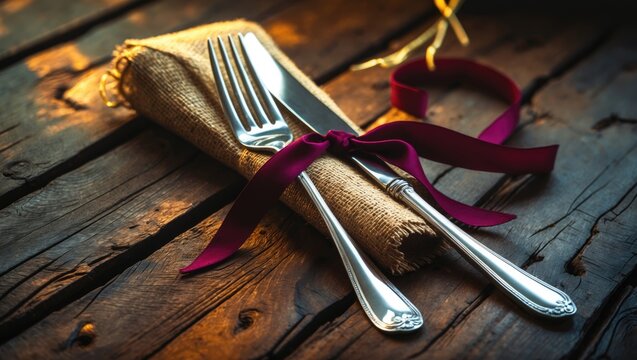 Vintage cutlery arrangement featuring fork and knife set on rustic wooden background