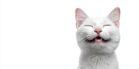 A close-up of a cat with a joyful expression, eyes closed and mouth slightly open as if smiling, set against a clean white background