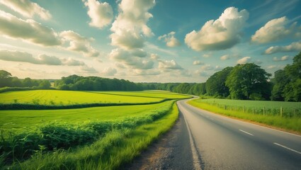 Scenic Danish countryside drive through lush green fields beneath a bright blue sky with drifting clouds