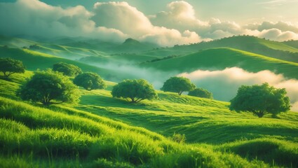 Fototapeta premium Scenic mountain landscape in Ukraine featuring lush green meadows and rolling hills during springtime with foggy mornings.