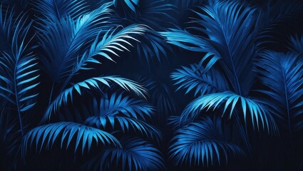 Vivid neon palm tree leaves with deep purple hues set against a dim red tropical background