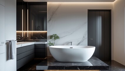 Modern black bathroom with stylish mirror wall, elegant marble tiles, and LED lighting