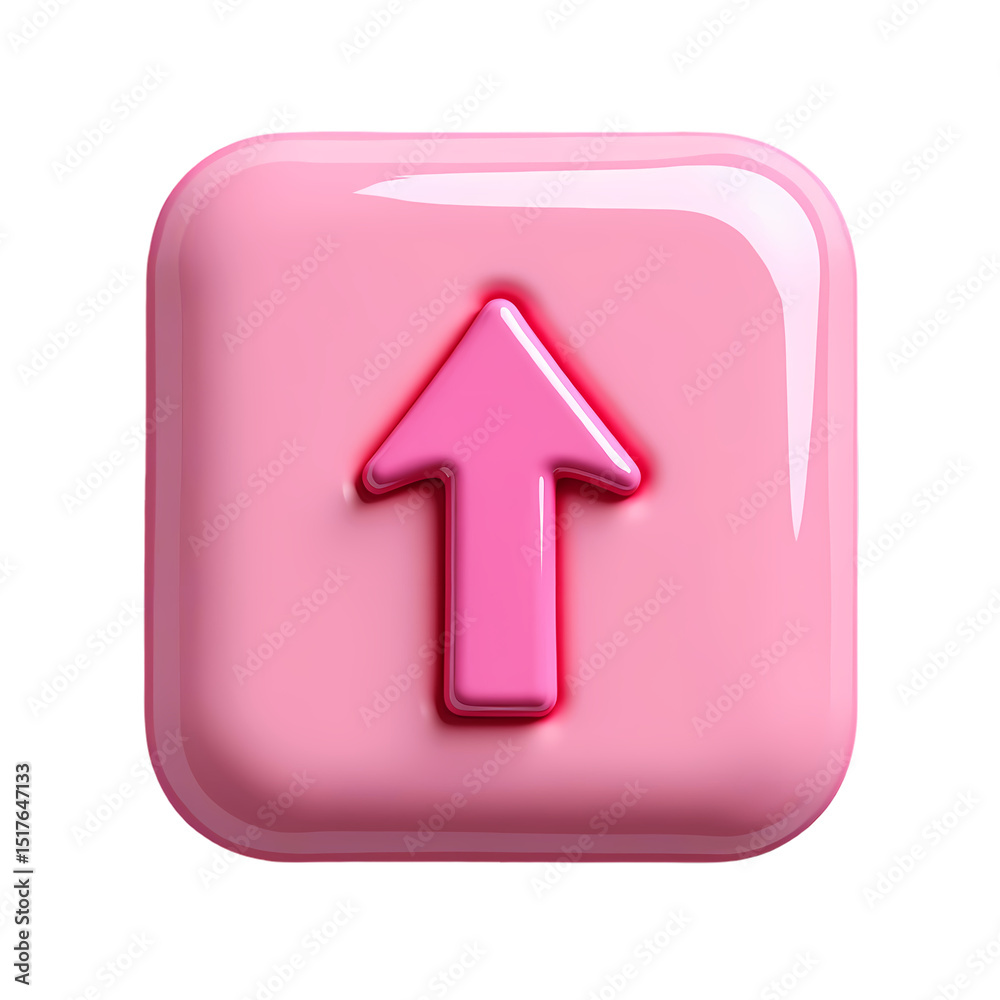 Poster a pink square button with a pink arrow pointing upwards with glossy surface isolated on transparent 
