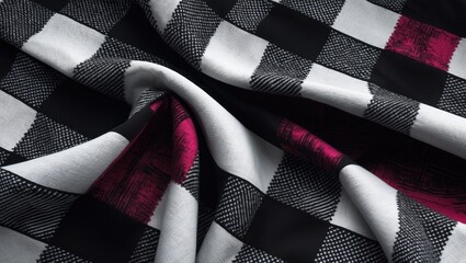 Close-up of a stylish black and white checkered fabric pattern with subtle red accents for fashion and textile design