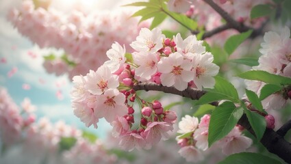 Fototapeta premium Elegant pink and white cherry blossoms in full bloom on tree branches amidst a serene sky, representing spring and renewal