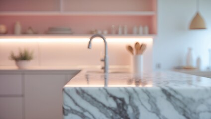 Minimalist marble table with blurred background and ample copy space in modern home interior