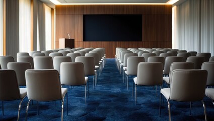 Blurred Background of Modern Business Conference Room with Seating and Podium Ready for Presentation or Corporate Event