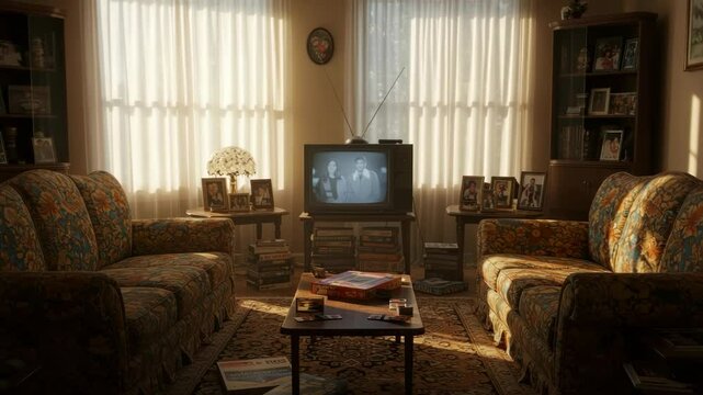 Vintage Living Room Interior with Retro Television Set and Floral Patterned Sofas