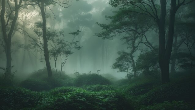 Misty morning in a lush tropical jungle with dense canopy and fog