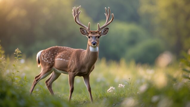 Wild deer grazing in the morning sunlight
