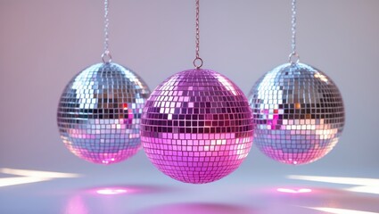 Shiny disco ball and silver Christmas ornaments on white background