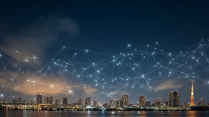 Night Cityscape Skyline Digital Network Connections Smart City Technology Futuristic Urban Landscape Modern Buildings Illuminated Cityscape Global Network Infrastructure Digital   