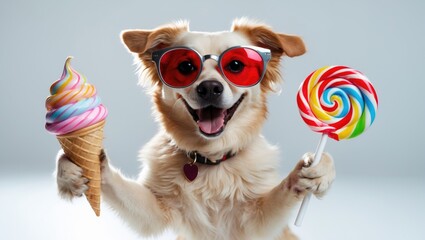 Cute terrier licking delicious ice cream and candy lollipop for fun