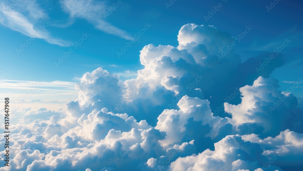 Wall mural blue sky and white cumulus clouds background with a panoramic view of fluffy clouds and sunny weathe