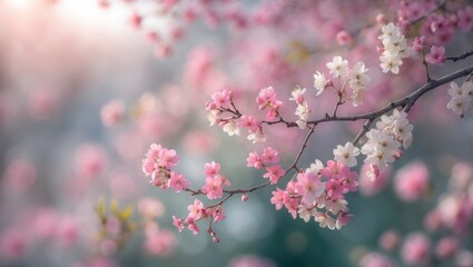 Obraz premium Close-up of pink and white floral blossoms on a branch highlighting spring and natural beauty