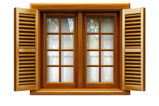 Rustic Charm Window Wooden Frame with Open Louvered Shutters Light Airy on transparent background