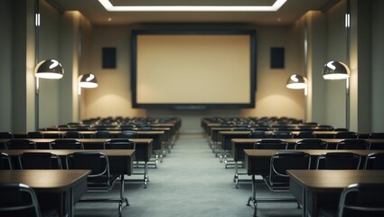 Modern Conference Room with Blurred Background and Empty Seating for Presentations or Meetings