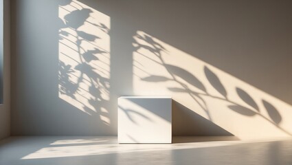 Minimalist beige podium with floral and sun shadows against textured concrete wall for brand showcase