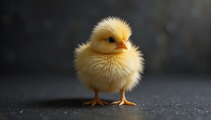 A fluffy yellow chick stands confidently ready to explore its new world Warm soft lighting and a simple dark