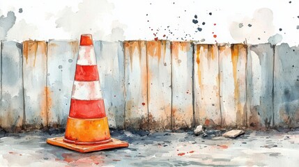 A watercolor painting of an orange traffic cone in front of a weathered, rusty fence on a rough, concrete surface.