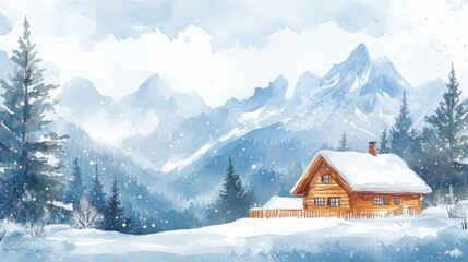 Naklejka premium A cozy wooden cabin sits in a snowy forest with majestic mountains in the background under a cloudy winter sky.