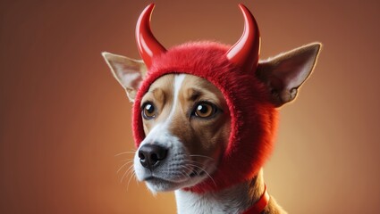 Pet dog in spooky Halloween costume with devil horns